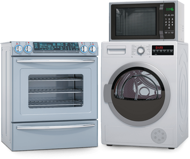 Assorted large appliances including an oven, a washing machine and a microwave.
